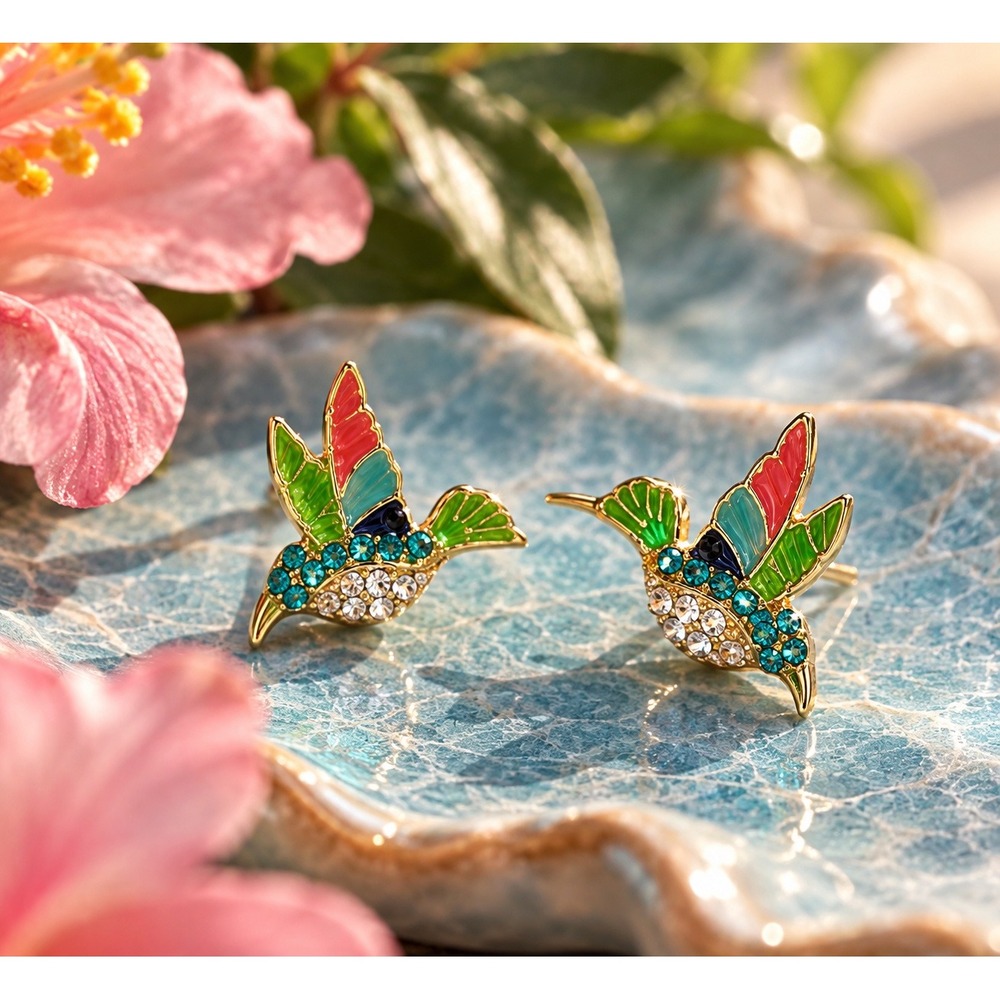 Colorful Enamel Hummingbird Stud Earrings Gold Tone Rhinestone Bird Jewelry
